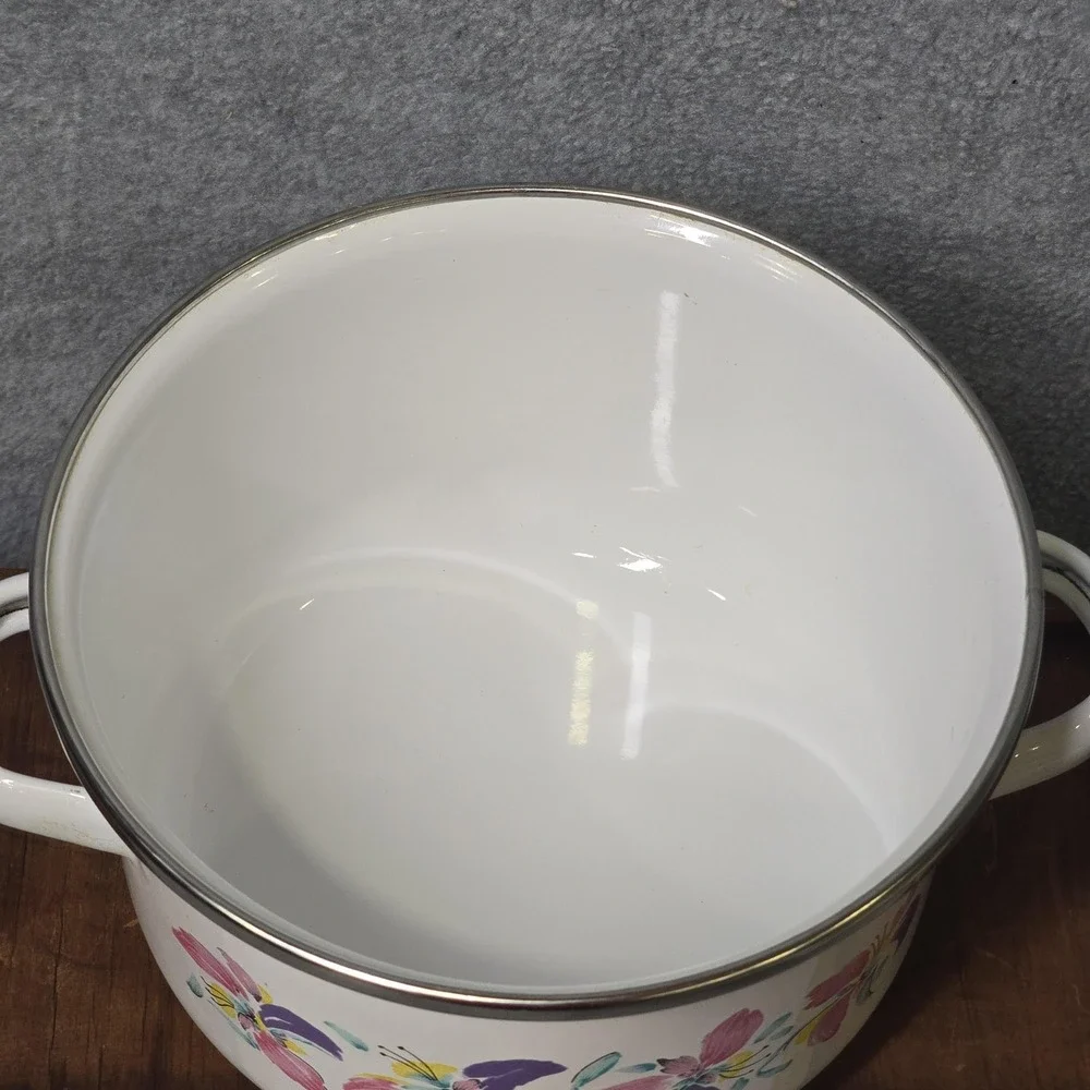 Vintage Enamelware Pots Set of 2 Floral Pink Purple White Lids Indonesia 80s